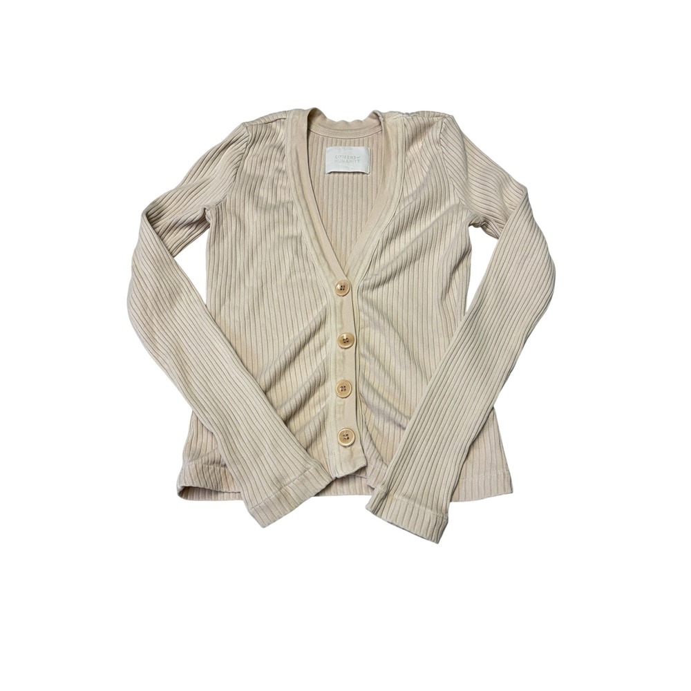 Citizens of‎ Humanity Ribbed V-Neck Cardigan Sweater Beige Tan XS Tencel Lyocell